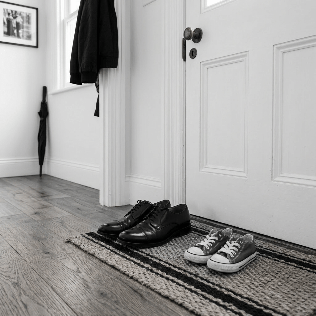 Two pairs of black sneakers on a striped rug in front of a white door with a brass doorknob