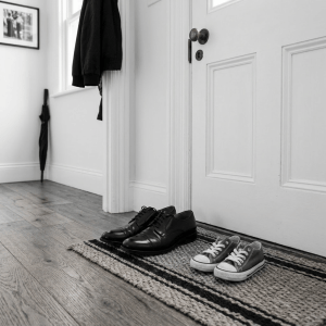 Two pairs of black sneakers on a striped rug in front of a white door with a brass doorknob