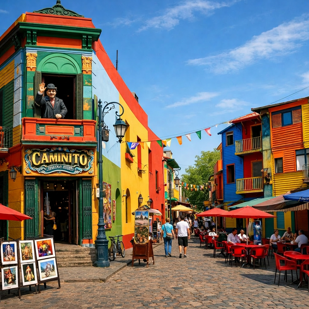 Colorful buildings lining a cobblestone street with tango dancer statues and walking visitors